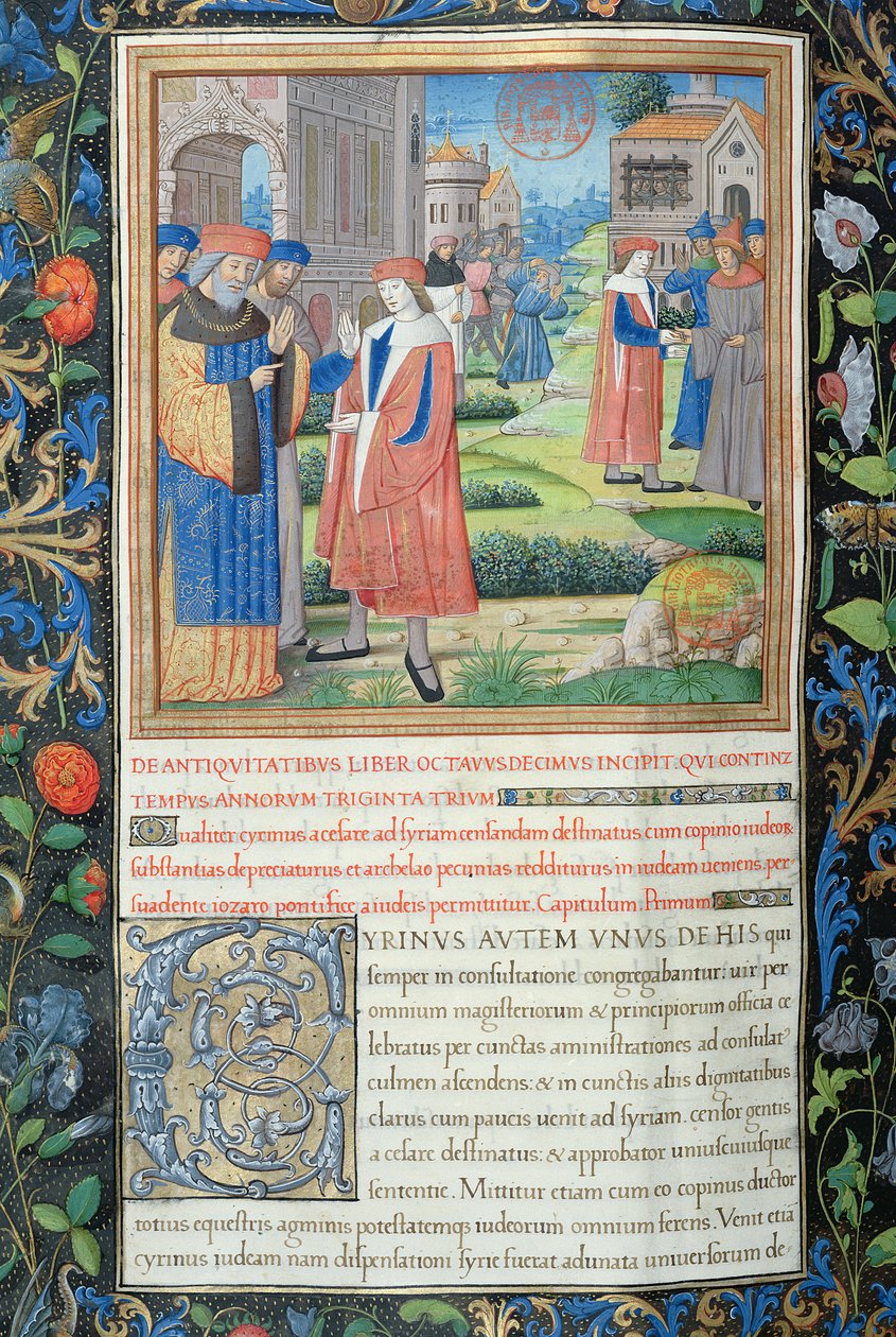 Fru 1581 f. 349v Illustration fra bog XVIII (Fra forvisningen af Archelaos til jødernes afgang fra Babylon), kapitel 1 af jødernes oldsager (Antiquitates Judaicae) af Flavius af French School
