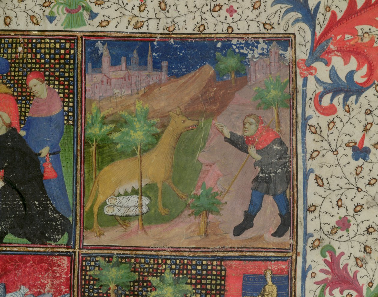 Fru 1595 Romulus og Remus, der dies af en ulv, fra Dicta et Facts Memorabilia, ca. 1475 af French School