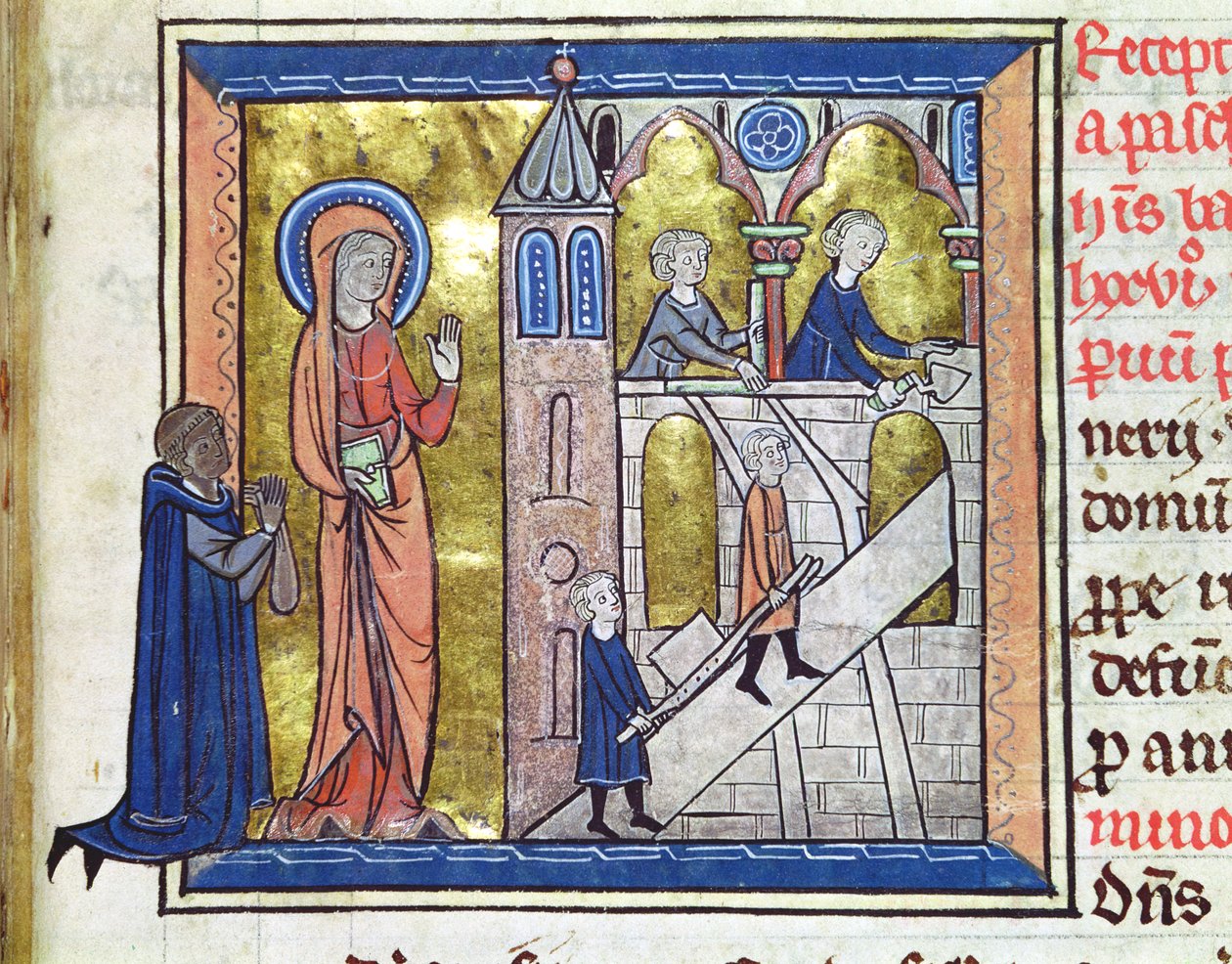 Ms 16261 f.20 Opførelse af klosteret, fra Censier de lAbbaye Sainte-Genevieve, 1270 af French School