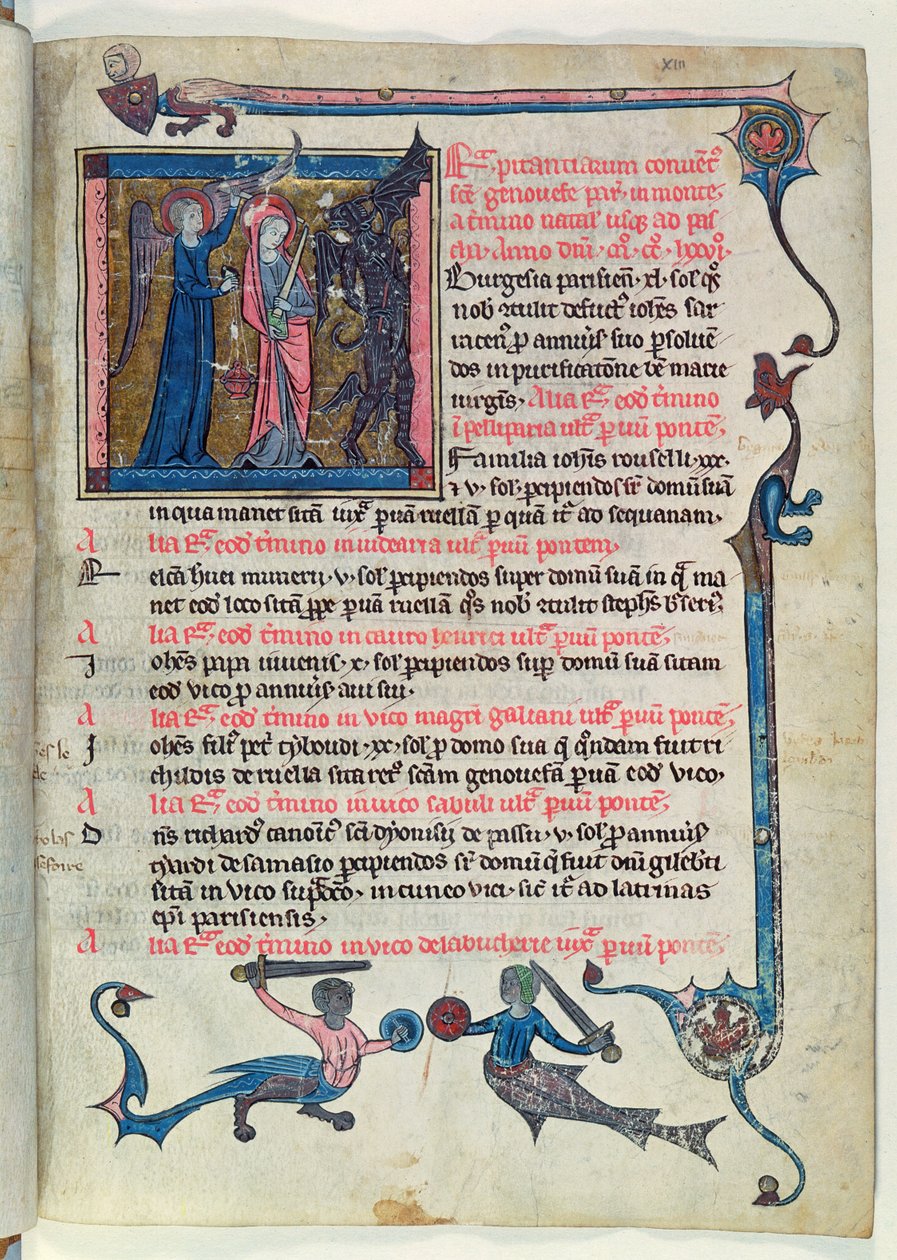 Ms 16261 fol.13v St. Genevieve kæmper mod en dæmon med hjælp fra en engel fra Censier de lAbbaye Sainte-Genevieve af French School
