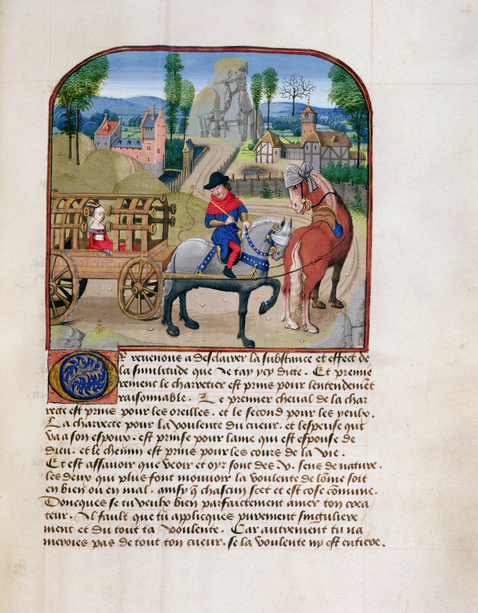 Ms 165 fol.46r Lady i en overdækket vogn trukket af to heste, fra l