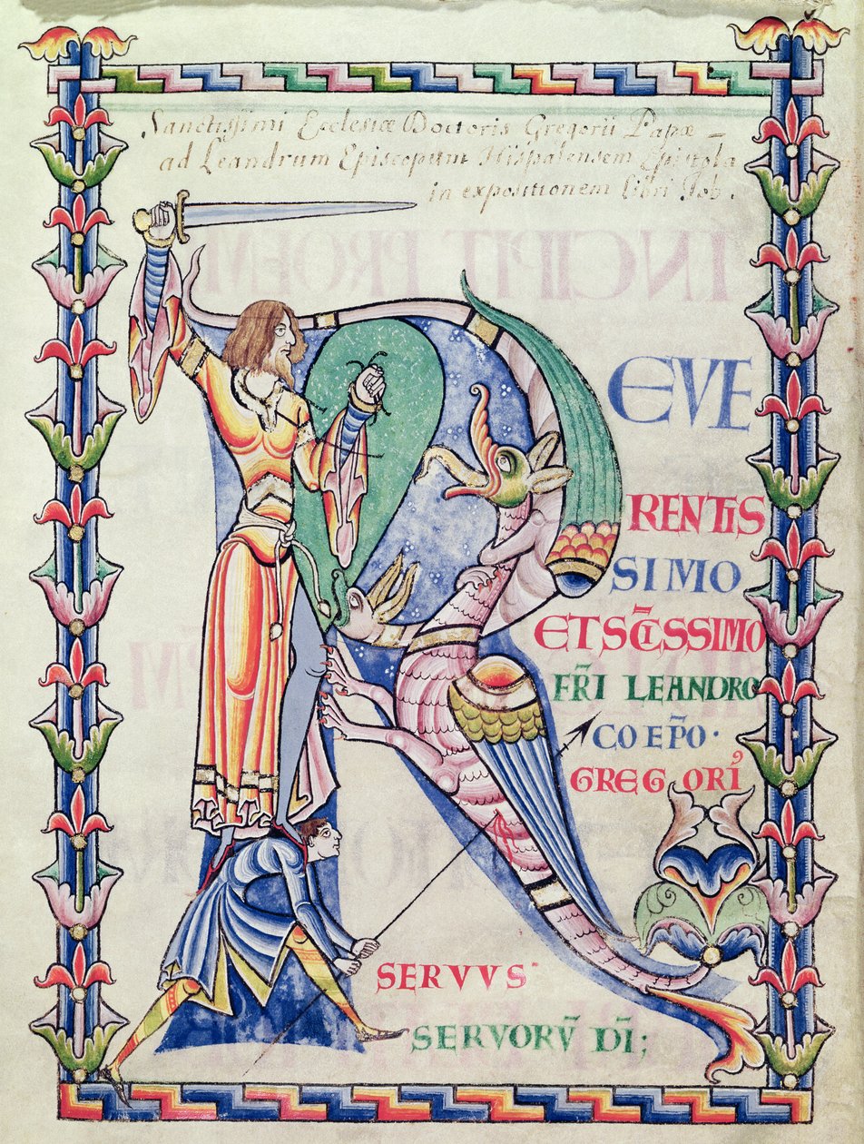 Ms 168 f.4v Historikert initial R, der viser en ridder, der kæmper mod en drage, fra Moralia i Job af pave Gregor den Store af French School
