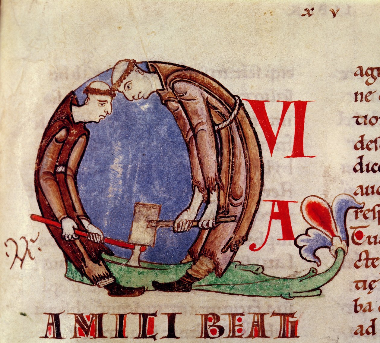 Ms 170 fol.59 Historikert initial Q, der forestiller munke, der hugger træ, fra Moralia i Job af pave Gregor den Store af French School