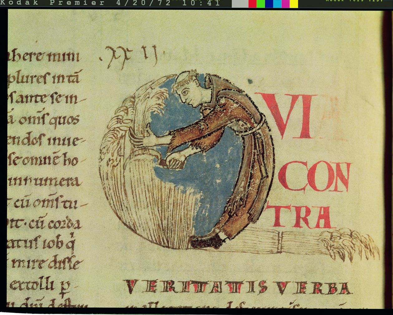 Ms 170 fol.75v Historikert initial Q, der viser en cisterciensermunk, der høster på markerne, fra Moralia i Job af pave Gregor den Store af French School