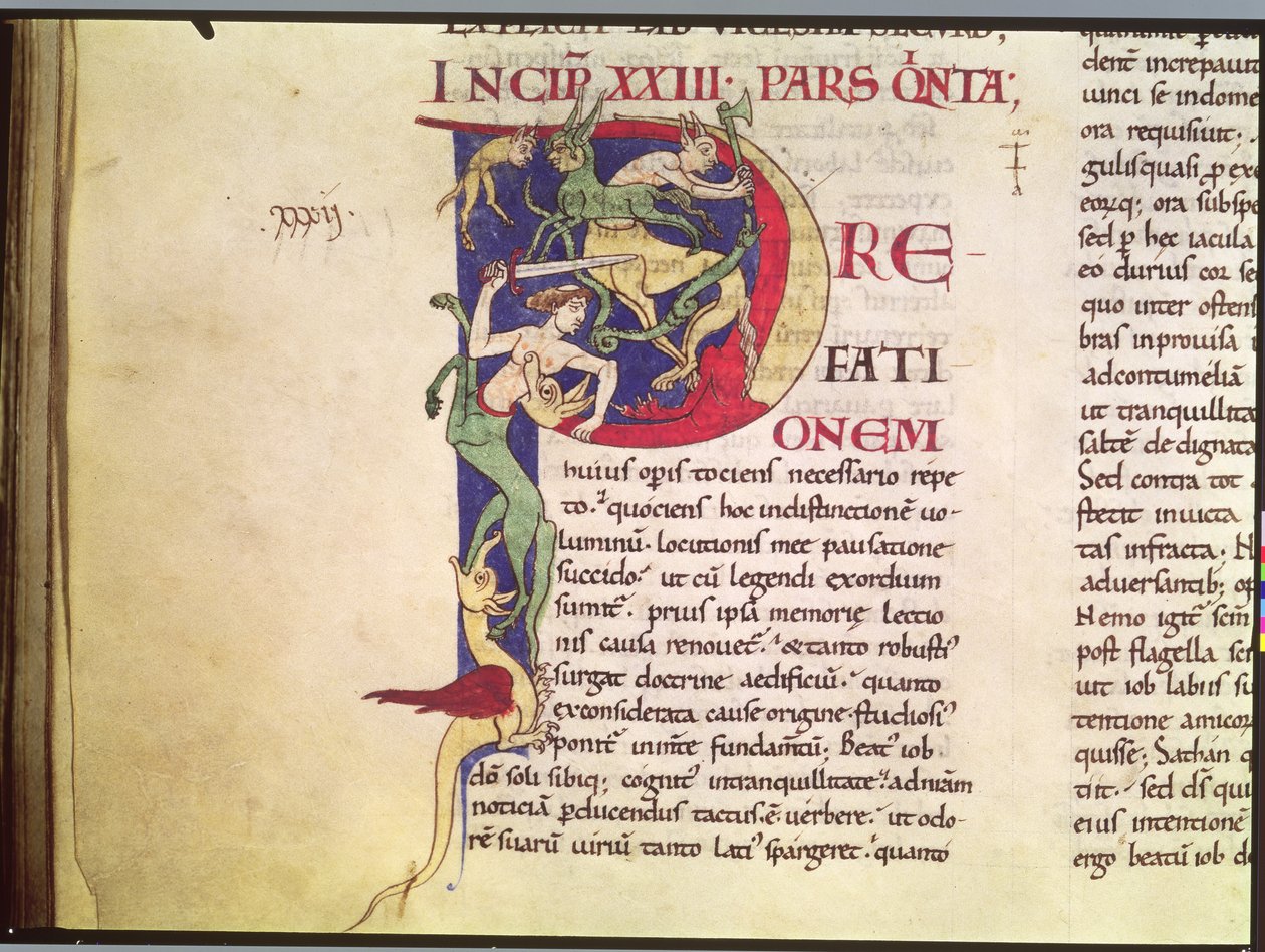 Ms 173 Historikert initial P, der forestiller kentaurer, drager og monstre, fra Moralia i Job af pave Gregor den Store af French School