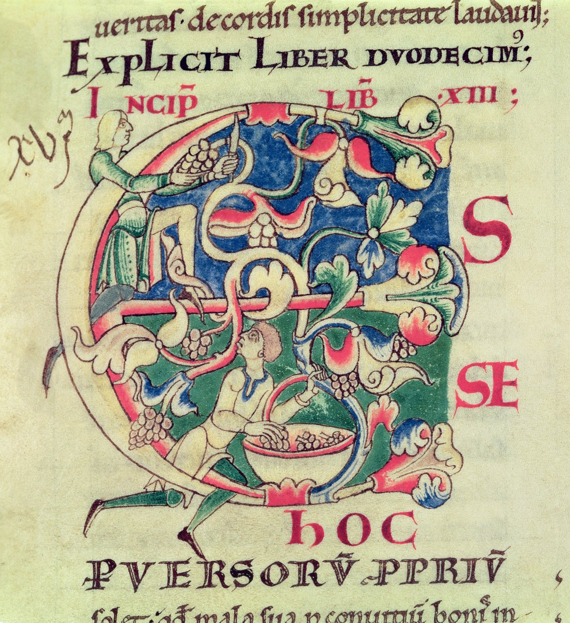 Ms 173 f.32 Historikert initial E, der viser druehøsten, fra Moralia i Job af pave Gregor den Store af French School