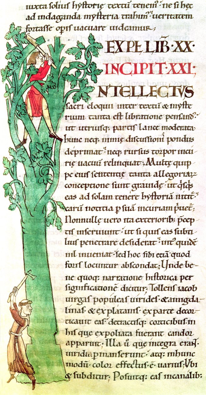 Ms 173 f.41 Historikert initial I, der forestiller en munk og en lægmand, der hugger og beskærer et træ, fra Moralia i Job af pave Gregor den Store af French School