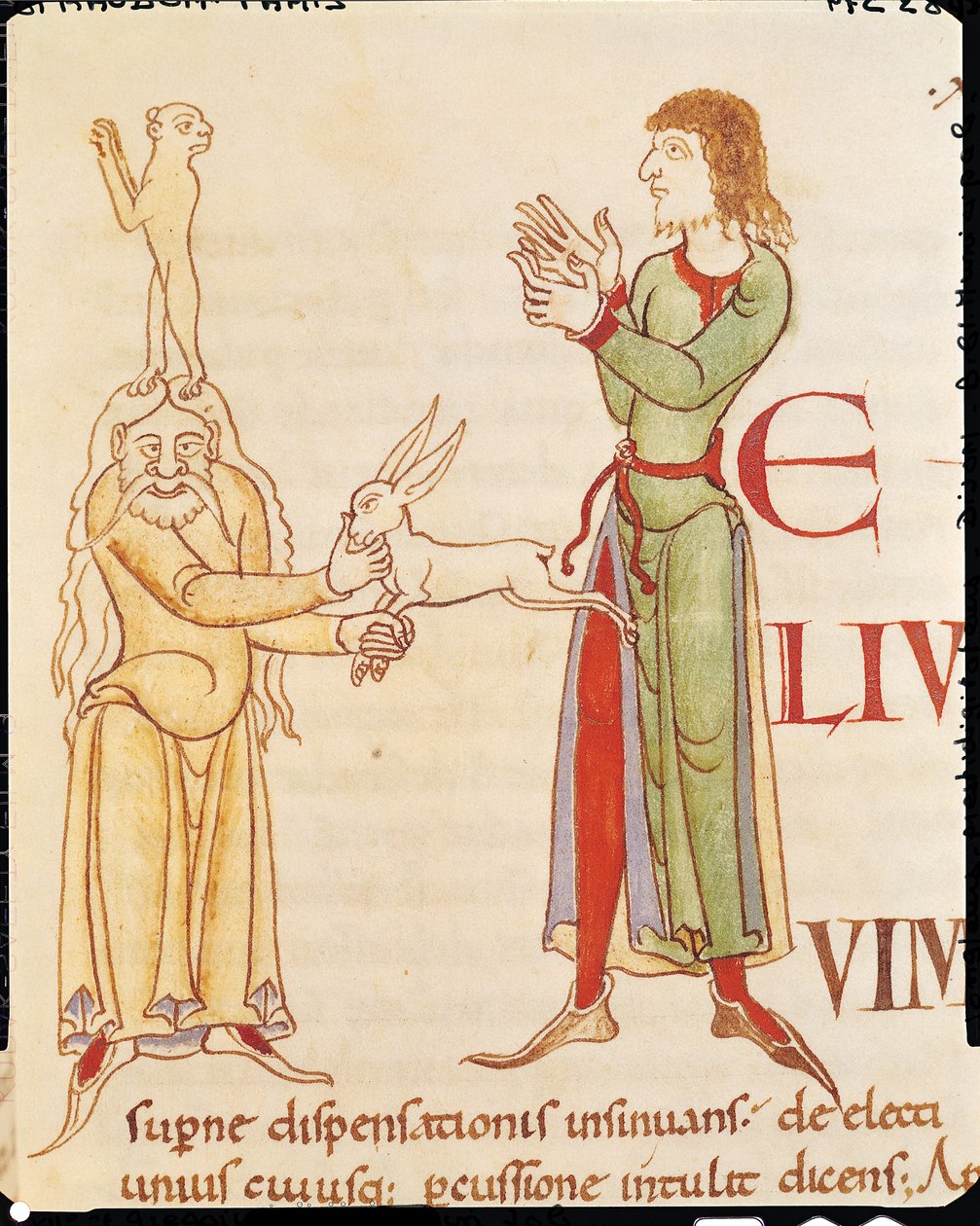 Ms 173 f.66r Initial H i form af to tryllekunstnere, fra Moralia i Job af Pave Gregor den Store, Burgundisk Skole af French School