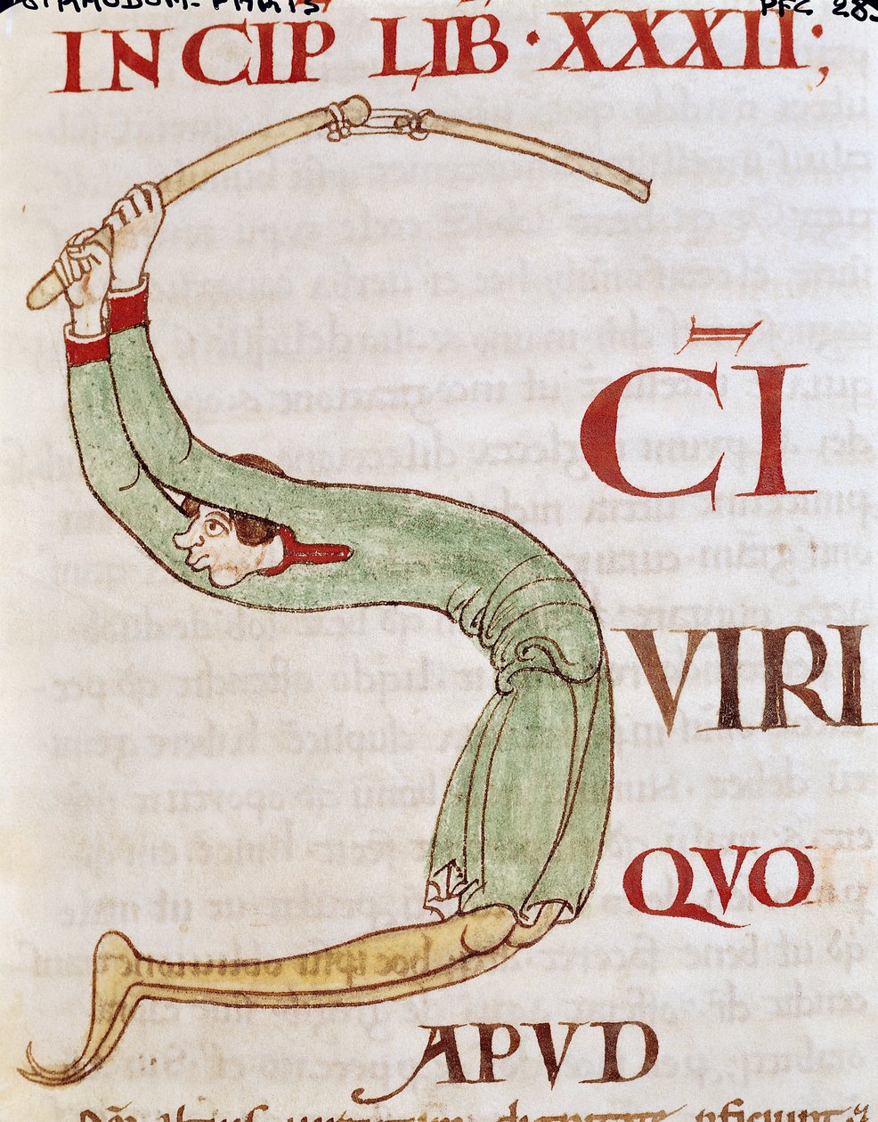 Ms 173 fol.148r Historikert initial S, der forestiller en mand, der tærsker, fra Moralia i Job af pave Gregor den Store af French School