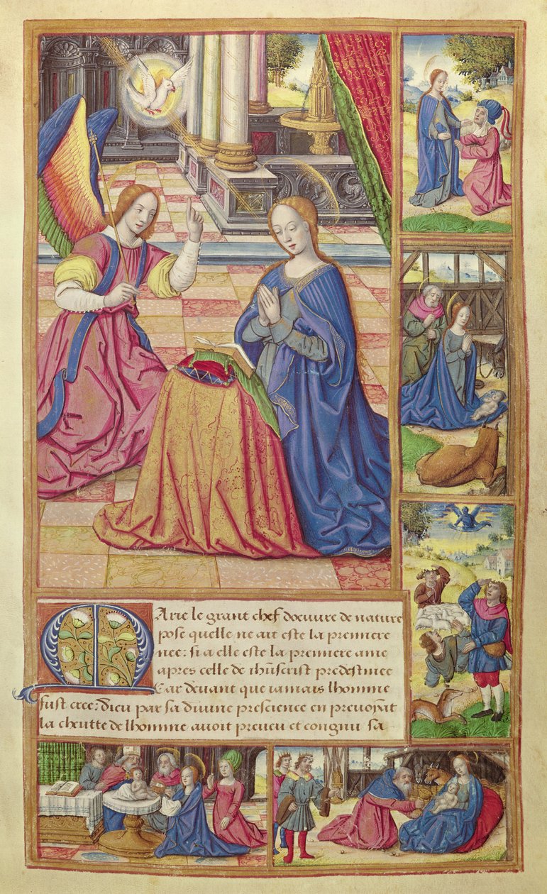 Ms 17 fol.2 The Annunciation and the Childhood of Christ, fra Vie des Femmes Celebres, ca. 1505 af French School
