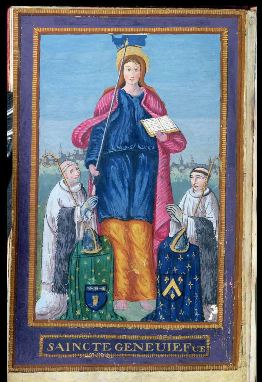 Ms 1847 Afbildning af St. Genevieve, fra et manuskript om transporten af hendes relikvieskrin, 1594 af French School