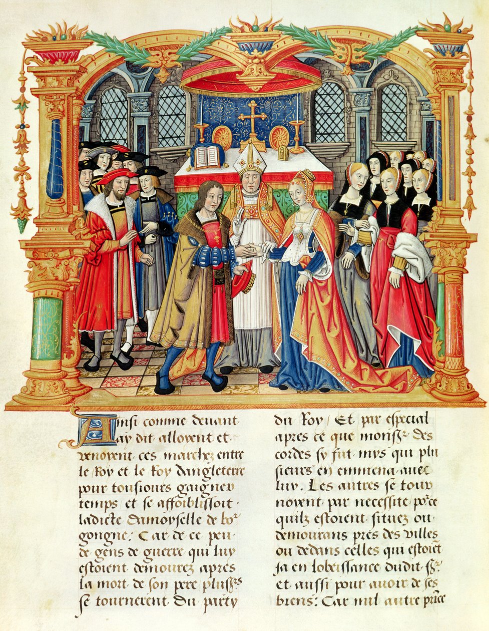 Ms 18 f.185v Ægteskab mellem Maria af Bourgogne og Maximilian I, kejser af Østrig, fra Philippe af Commines