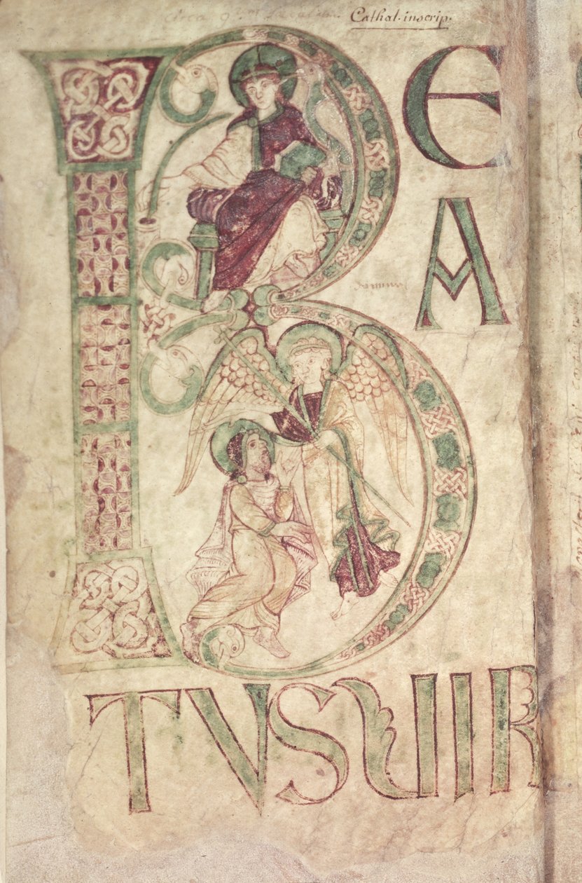 Ms 18 f.1v Historikert initial B, der viser Evangelisten Johannes og en engel, fra Corbies Psalter af French School