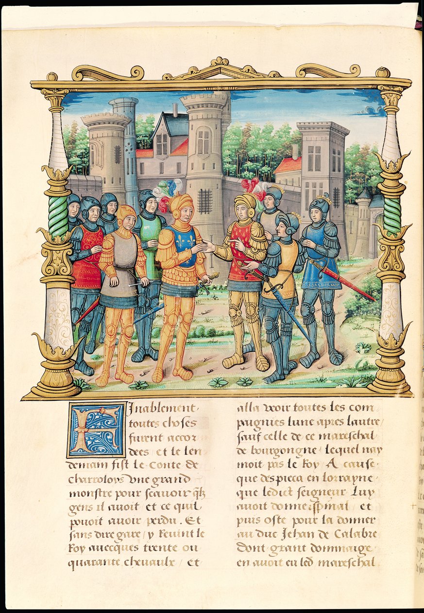 Ms 18 f.32v Conflans-traktaten mellem Ludvig XI og Karl den Dristige, hertug af Bourgogne, oktober 1465, fra Philippe of Commines