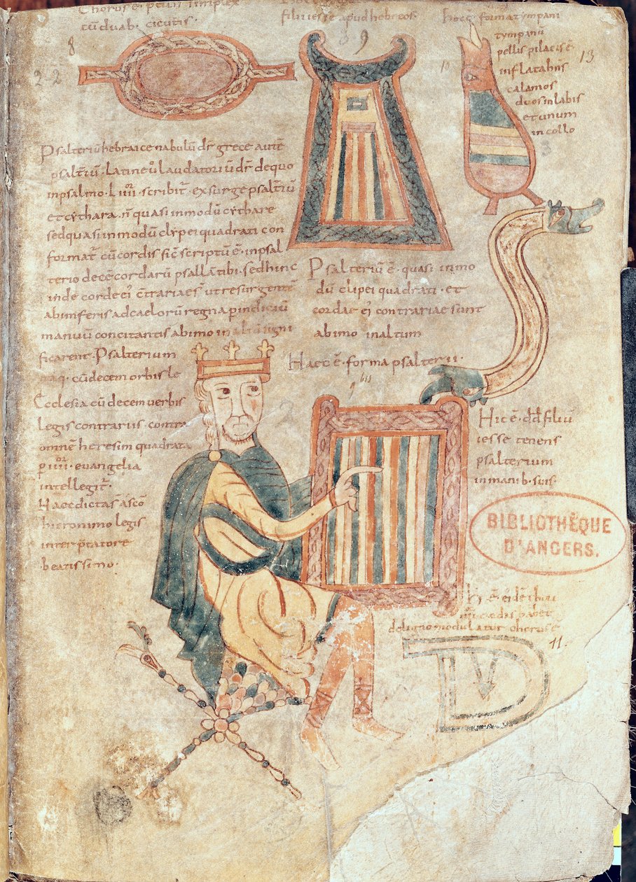 Ms 18 fol.13 Kong David spiller et psalteri, fra en psalter af French School