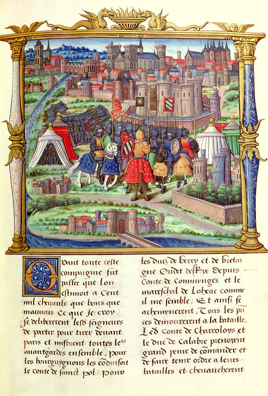 Ms 18 fol.19r Greven af Charolais og hans hærs ankomst til belejringen af Paris, fra Memoires de Philippe de Comminnes, 1489-98 af French School