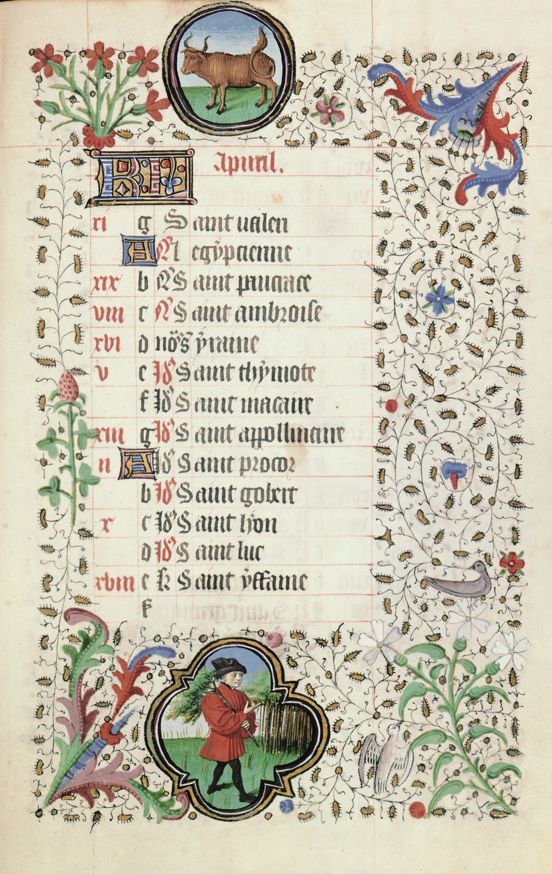 Fru 19. april: Tyren og en mand, der bærer en gren, fra en Timebog, begyndelsen af det 15. århundrede af French School