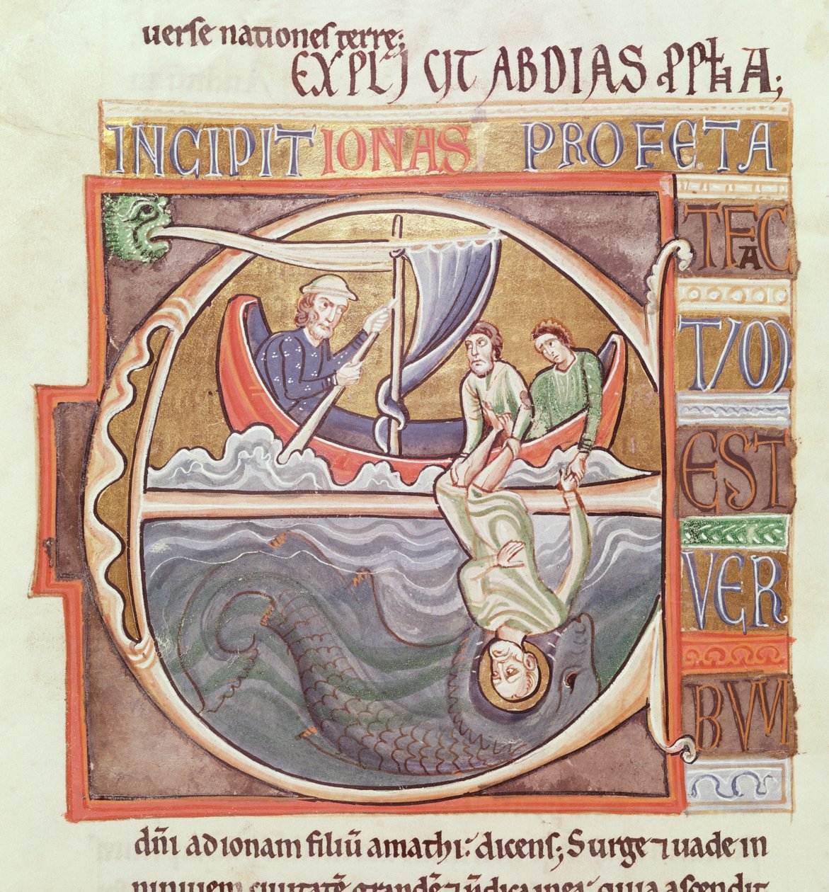 Ms 1 Fol.196v Historikert initial E, der forestiller Jonas kastet i havet, fra Souvigny-bibelen, slutningen af det 12. århundrede af French School