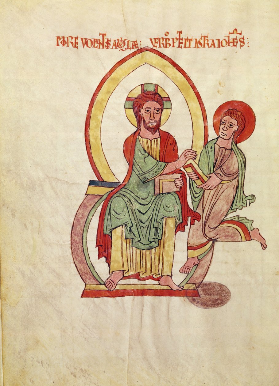 Ms. 1 Fol 111v Sankt Johannes løber for at modtage evangeliet fra Kristus, siddende i en mandorla, miniature fra evangeliet om Saint-Michel-de-Cuxa, ca. 1070-1130 af French School