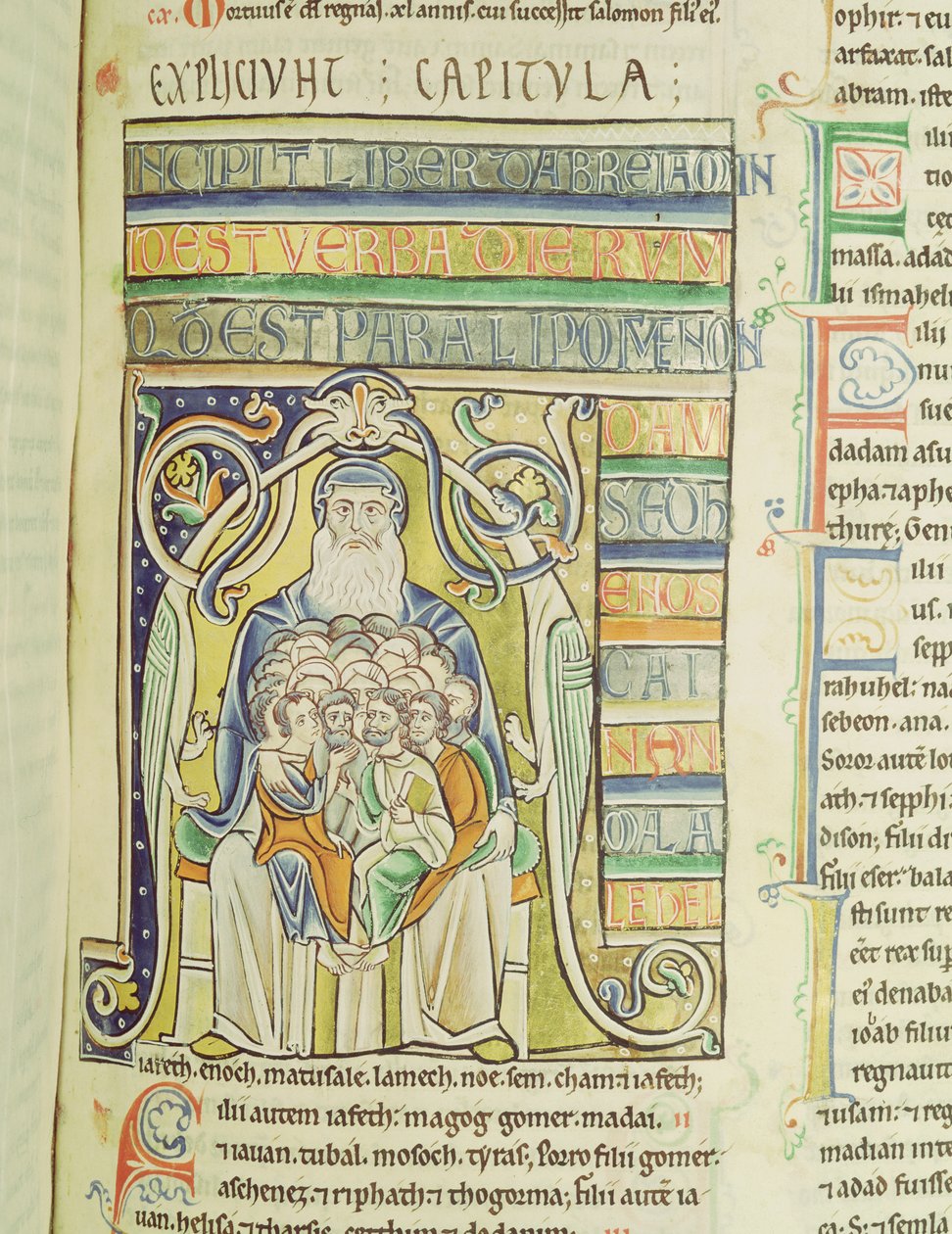 Ms 1 f.256 Historikert brev A, der skildrer generationer i Abrahams skød, fra Souvigny-bibelen af French School
