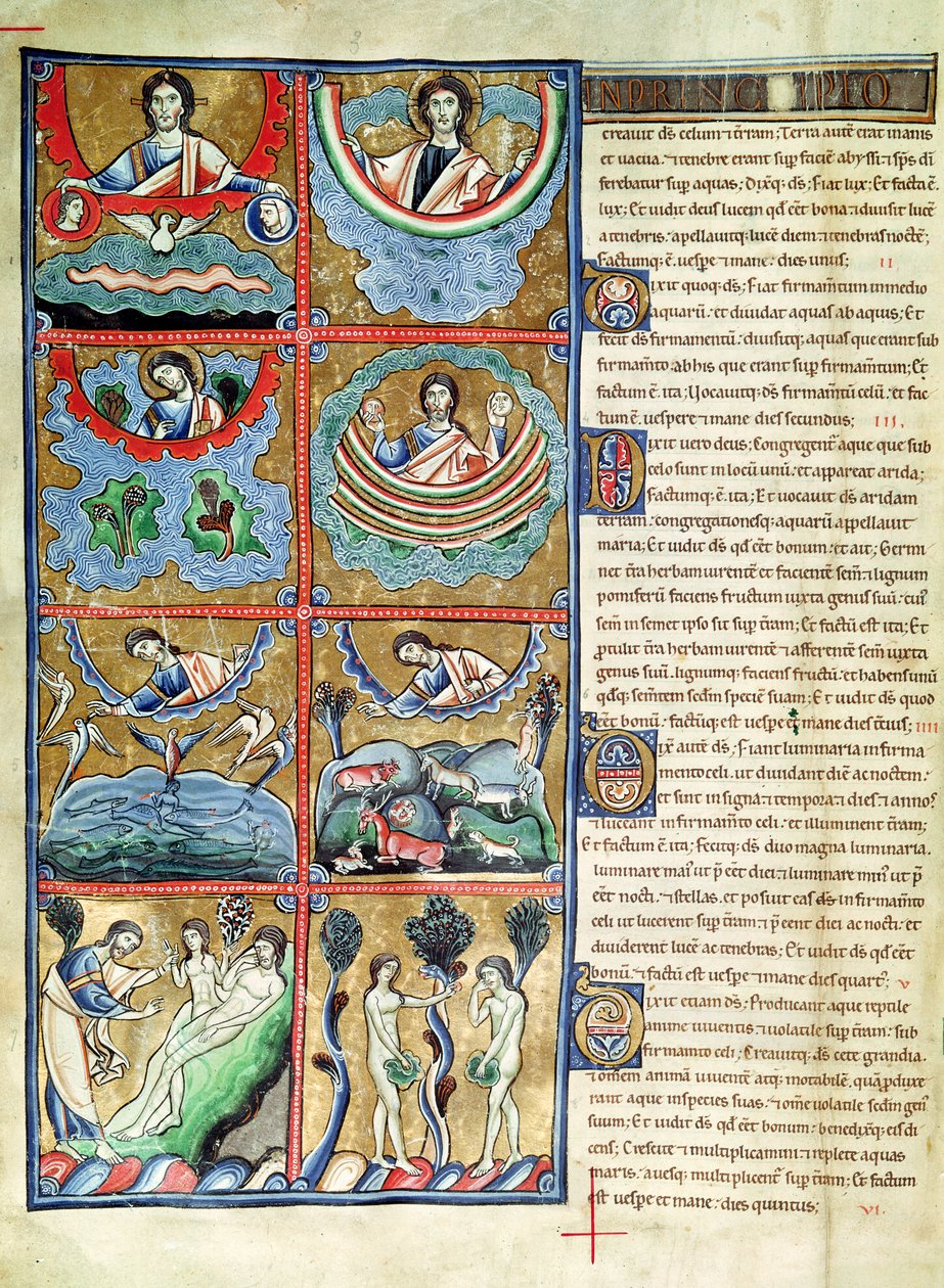 Ms 1 f.4v Verdens skabelse, fra Souvigny-bibelen af French School
