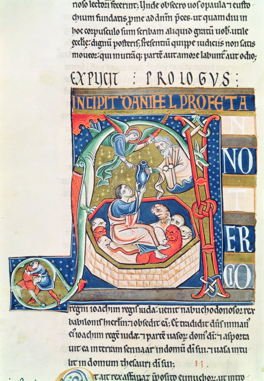 Ms 1 fol.185v Historikert initial A, der forestiller Daniel i Løvehulen, fra Souvigny-bibelen af French School