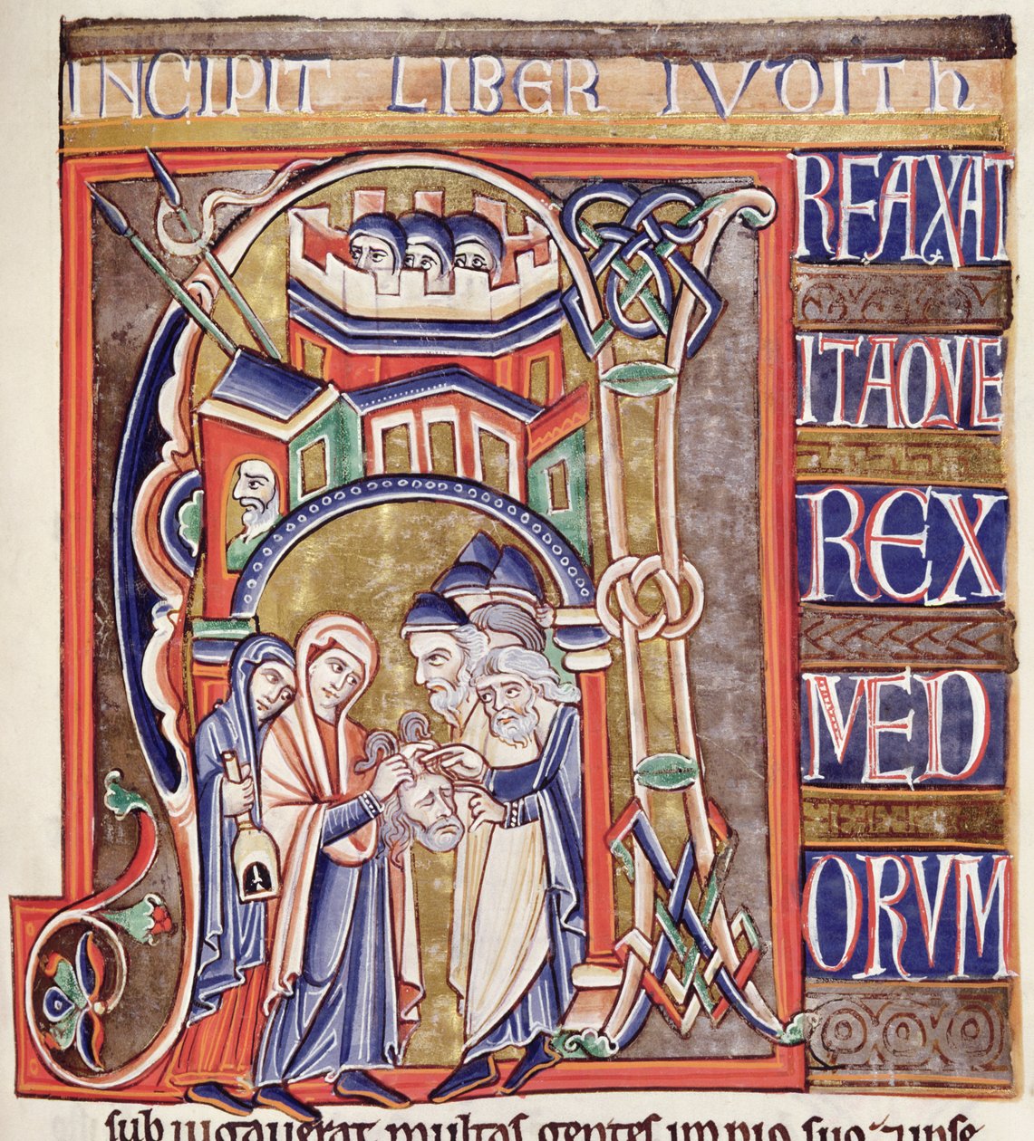 Ms 1 fol.292 Historik forbogstav, der forestiller Judith med hovedet af Holofernes, fra Souvigny-bibelen af French School