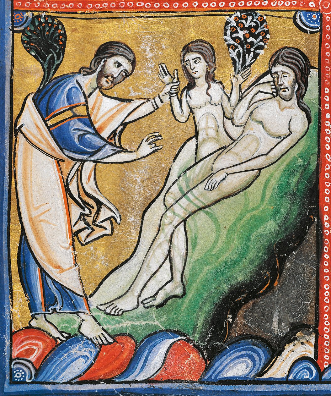 Ms 1 fol.4v Evas skabelse fra Adams ribben, detalje fra Souvigny-bibelen (vellum) af French School