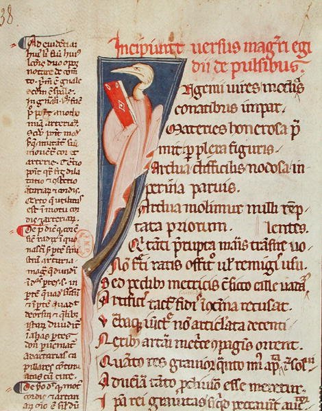 Ms 2046 fol.438 En fugl, der holder en bog af Gilles de Corbeil (1165-1222) fra 
