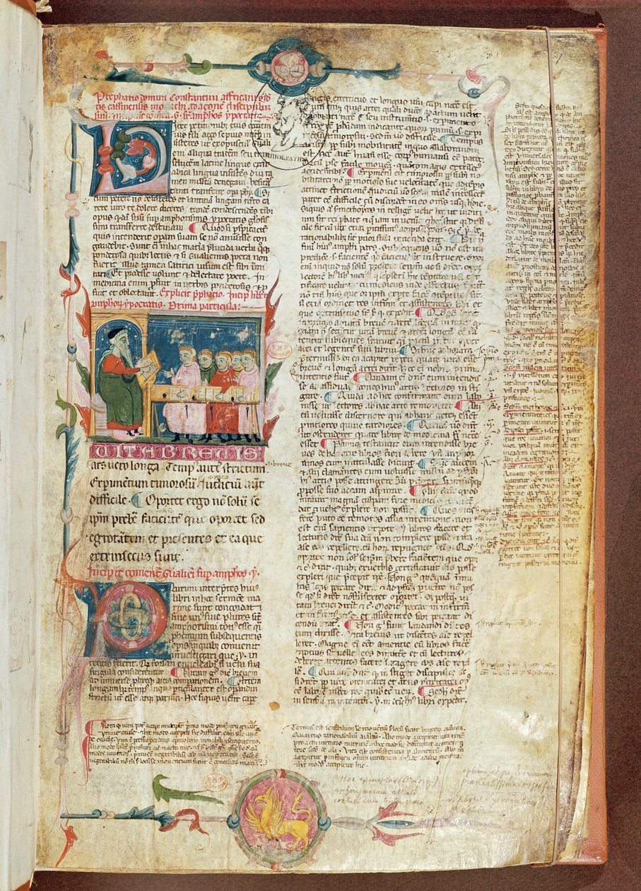 Fru 2046 fol. 1 Instruktionsscene, første side af Aforismer af Hippocrate med kommentarer af Galen af French School