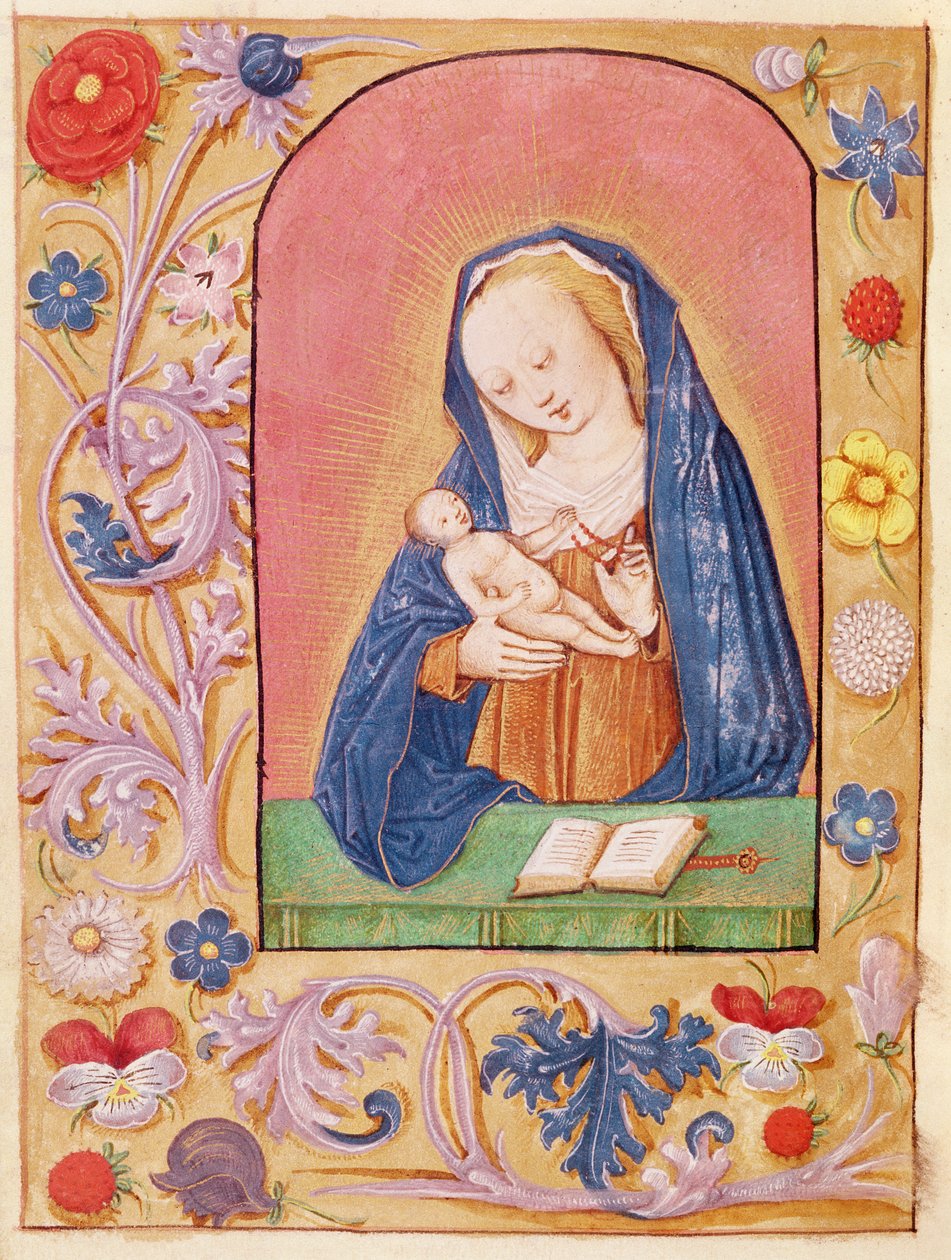 Ms 20 fol.42v Jomfruen og barnet leger med en rosenkrans, fra en timebog, begyndelsen af det 15. århundrede af French School