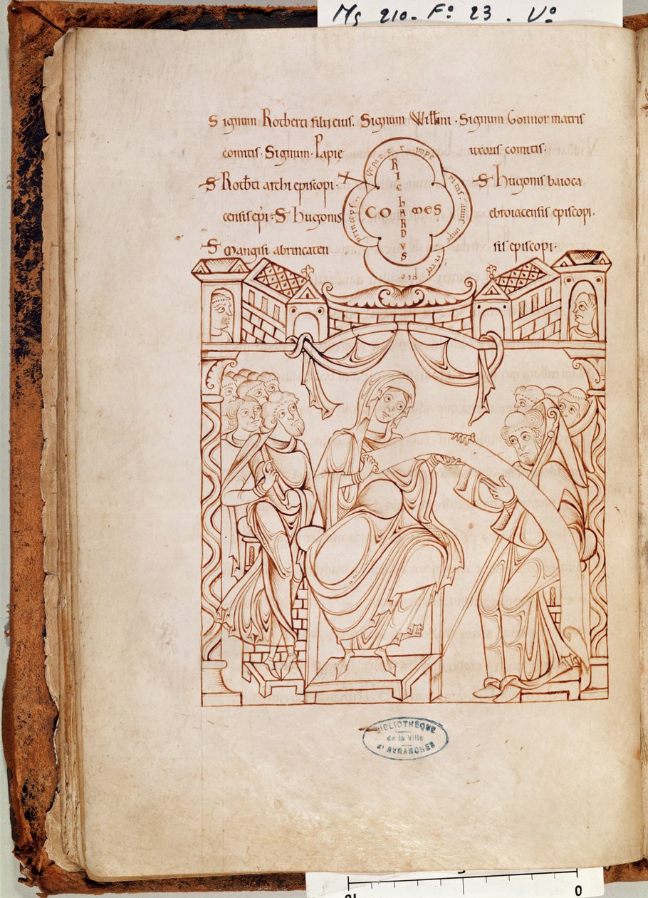 Ms 210 fol.23v Donationen af Gonnor, hertuginde af Normandiet, til klostret Mont Saint-Michel, fra Cartulaire de Mont-Saint-Michel, 1150