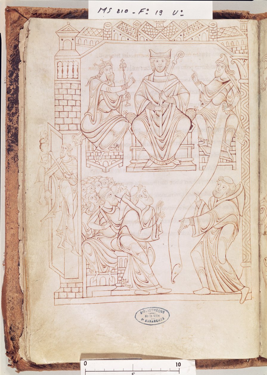 Ms 210 fol 19v. Cartulary of Mont Saint-Michel: Hertug Richard II af Normandiet giver en gave af jord og privilegier til klostret Mont St. Michel, 1150