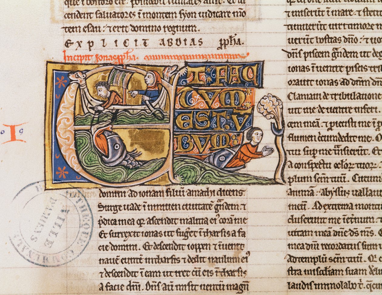 Ms 21 Fol.163v Historikert initial E, der viser Jonas, der bliver kastet i havet, fra en uspecificeret bibel af French School