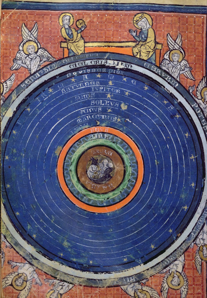 Ms 2200 f.115v. Verden, ifølge Aristoteles, miniature fra De Philosophia Mundi af Guillaume de Conches (1100-54) 1276-77 af French School