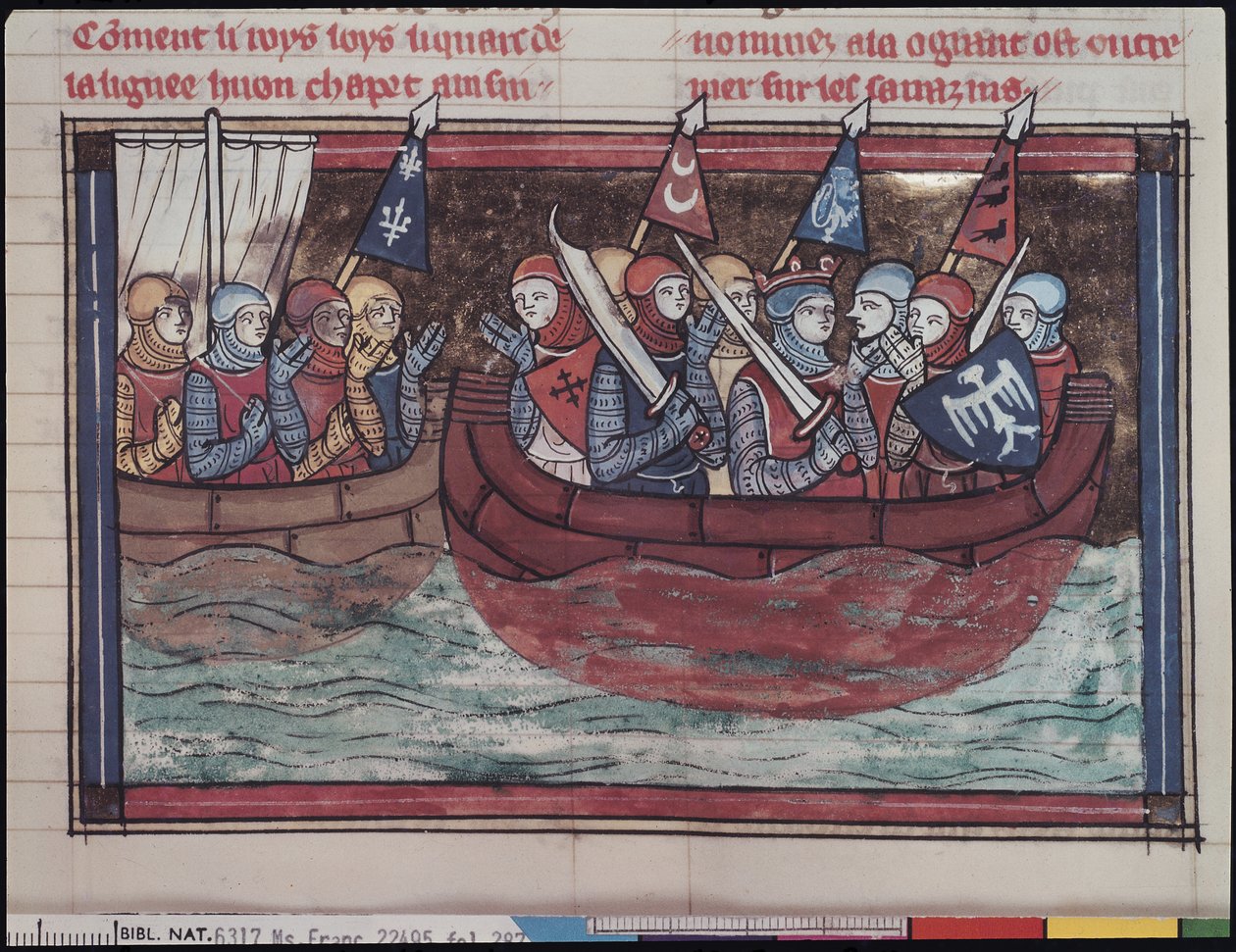 Ms 22495 fol.287 Ombordstigning til udlandet, fra Le Roman de Godefroi de Bouillon, 1337 af French School