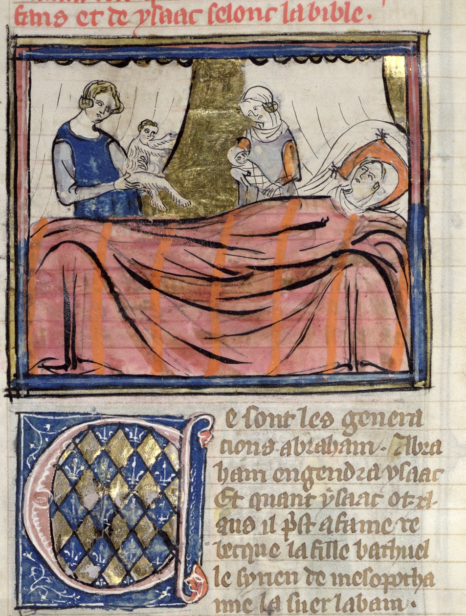 Ms 22 fol.30 Fødslen af tvillingerne Jacob og Esau, miniature fra Bible Historiale of Guiart des Moulins af French School