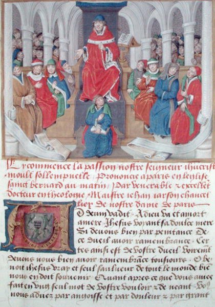 Fru 230 fol.1 Jean de Gerson (1363-1429), der prædiker lidenskaben om morgenen i St. Bernard-kirken i Paris, fra Sermons sur la Passion et Traites Divers, ca. 1480 af French School