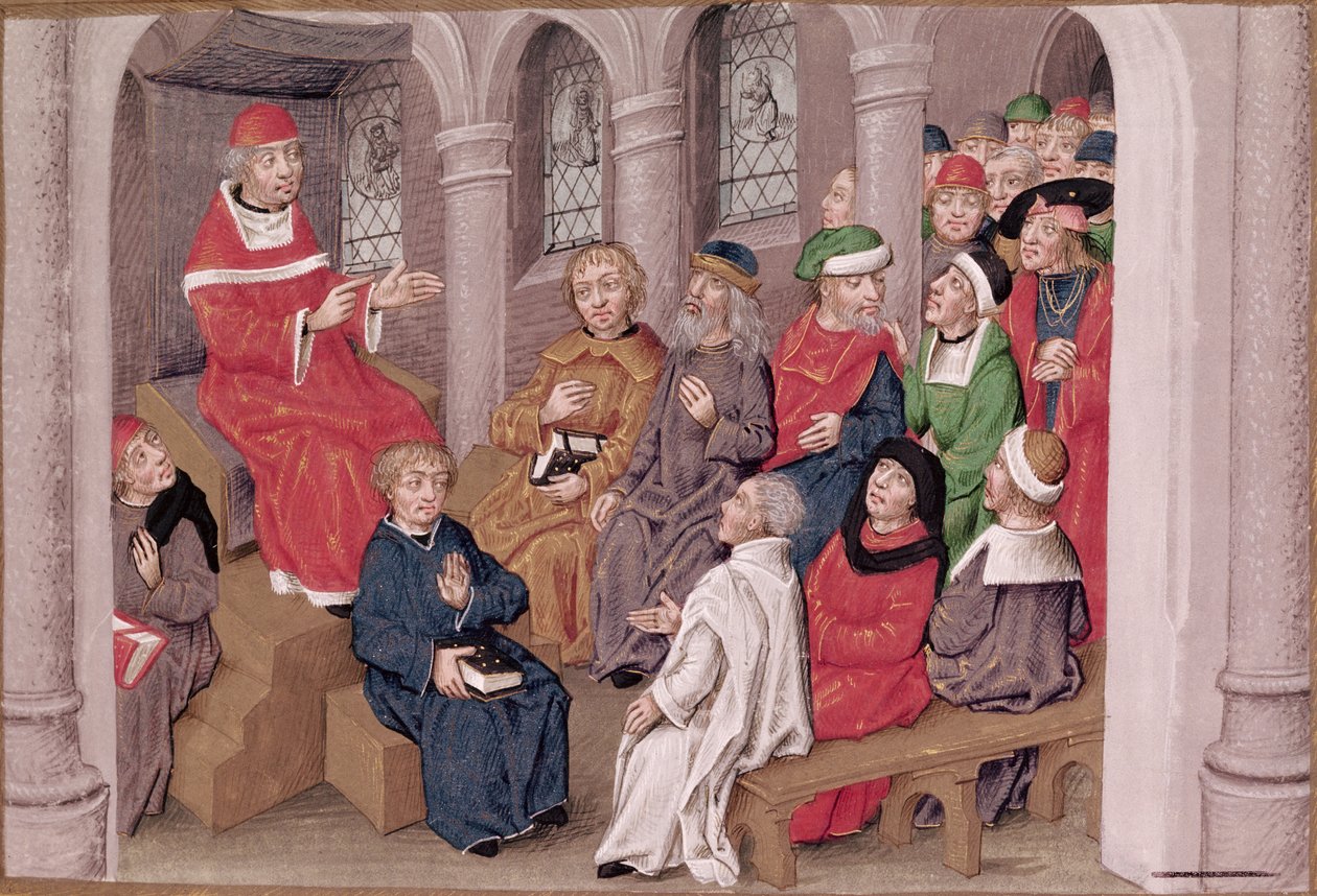 Ms 230 fol.25 Jean de Gerson (1363-1429) prædiker passionen efter middagen i St. Bernard Church, Paris, fra Sermons sur la Passion et Traites Divers, ca. 1480 af French School