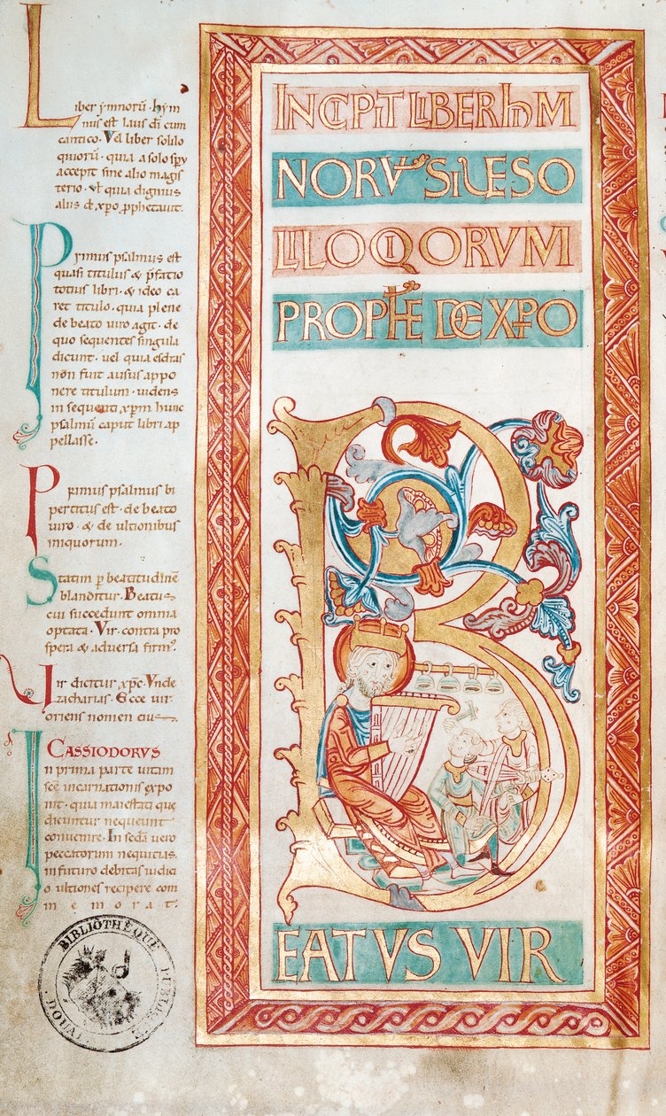 Ms 232 f.3v Historikert initial B, der forestiller kong David, fra en salmebog af French School