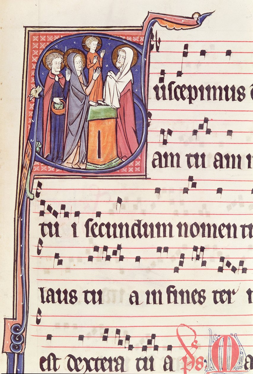 Ms 241 f.144 Historikert initial S, der viser Præsentationen af Jesus ved templet, fra Antifonalen til indvielsen af Abbey Church of Vauclair, 1257 af French School