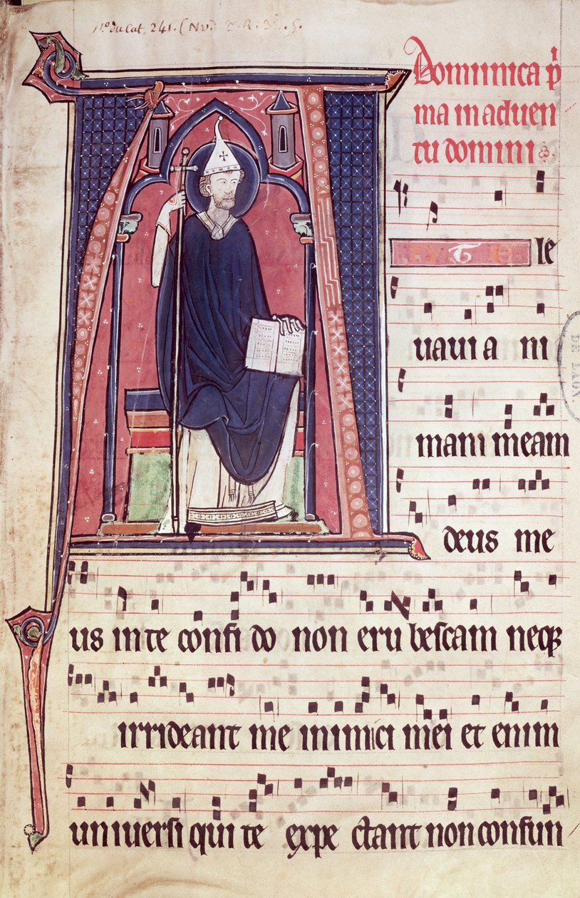 Ms 241 f.1 Historikeret initial A, der forestiller St. Gregory, fra Antiphonal til indvielsen af Abbey Church of Vauclair, 1257 af French School