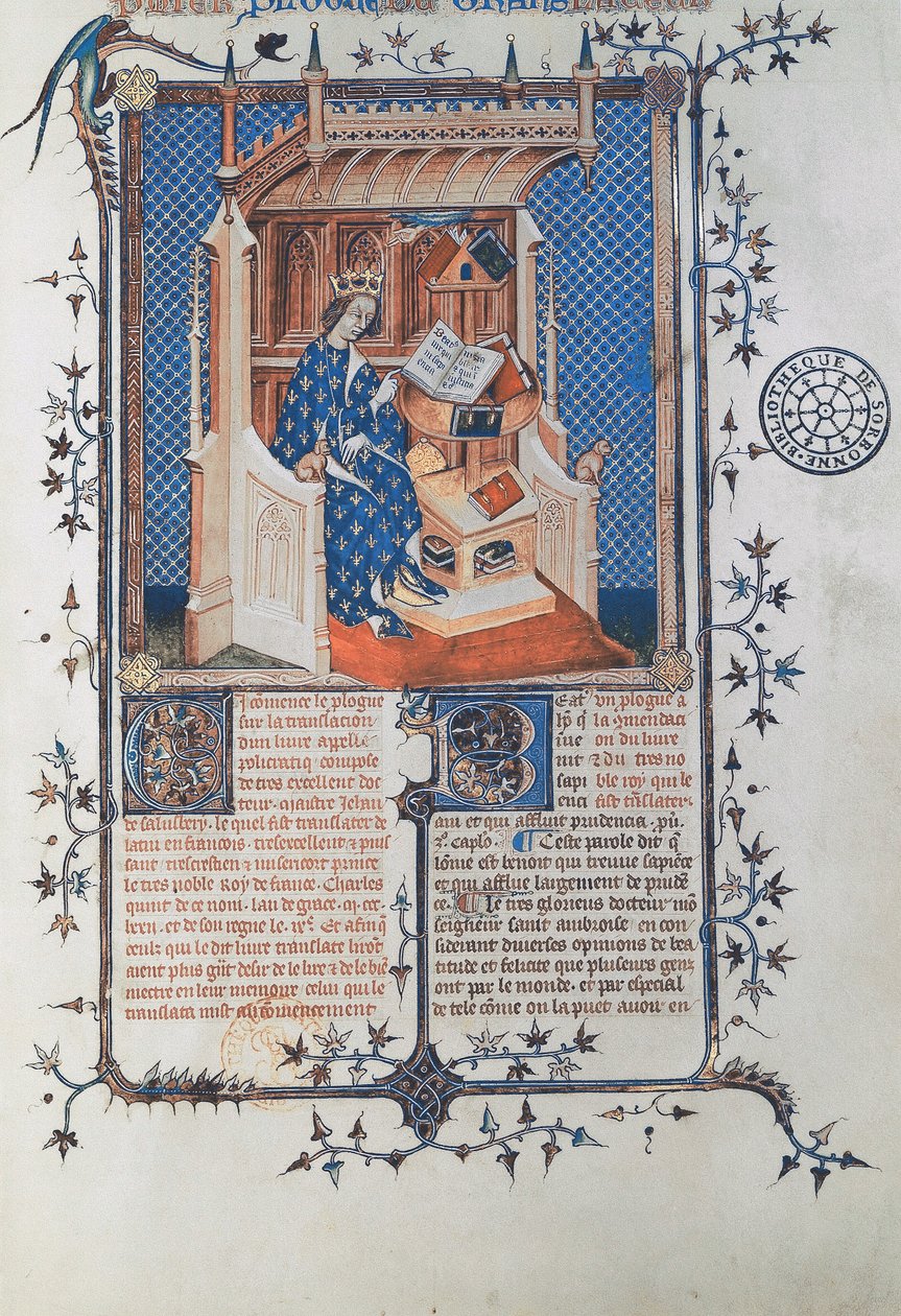Ms 24287 fol. 2. Charles V, den vise, konge af Frankrig, fra John of Salisbury, Polycraticus, oversat af Denis Foulechatis, ca. 1372 (vellum) af French School