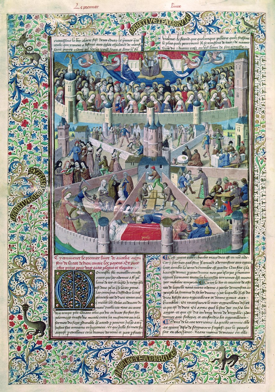 Ms 246 fol.3v Vices and Virtues on Earth, fra De Civitate Dei af St. Augustine of Hippo (354-430) af French School