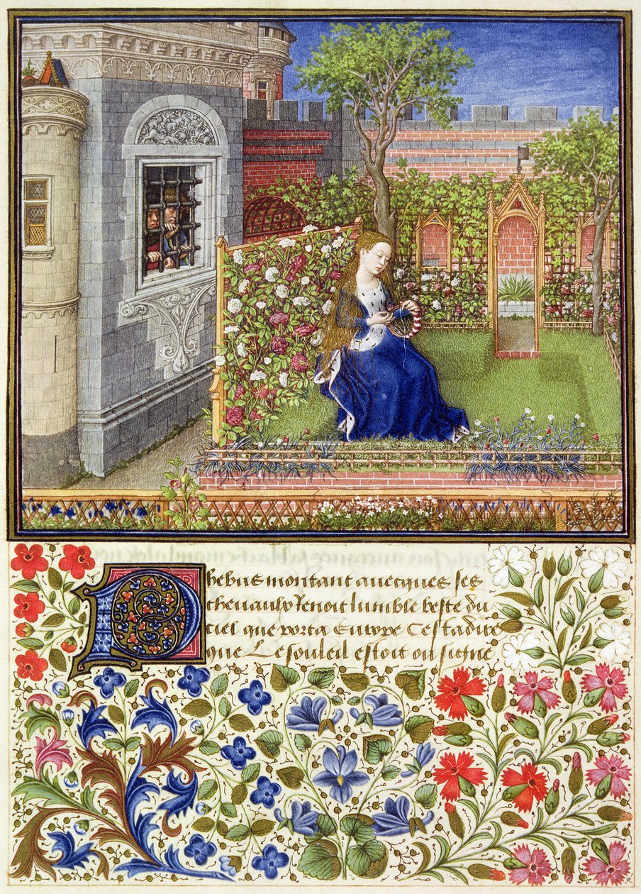 Ms 2617 Emilia i hendes have, plade 22, fra La Teseida, af Giovanni Boccaccio (1313-75), 1340-41 af French School