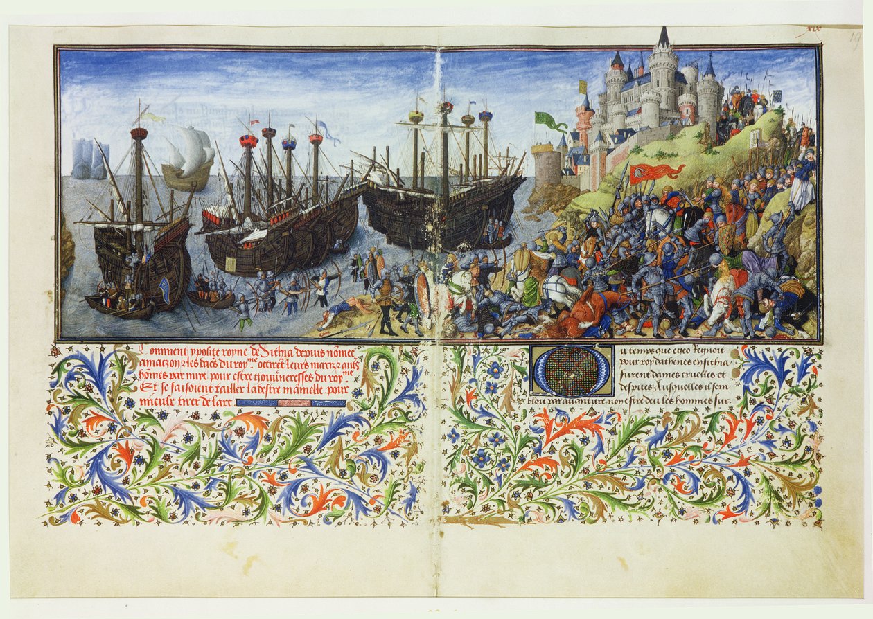 Ms 2617 Amazonernes slot er belejret af Theseus, hertug af Athen, fra La Teseida, af Giovanni Boccaccio (1313-75) 1340-41 af French School