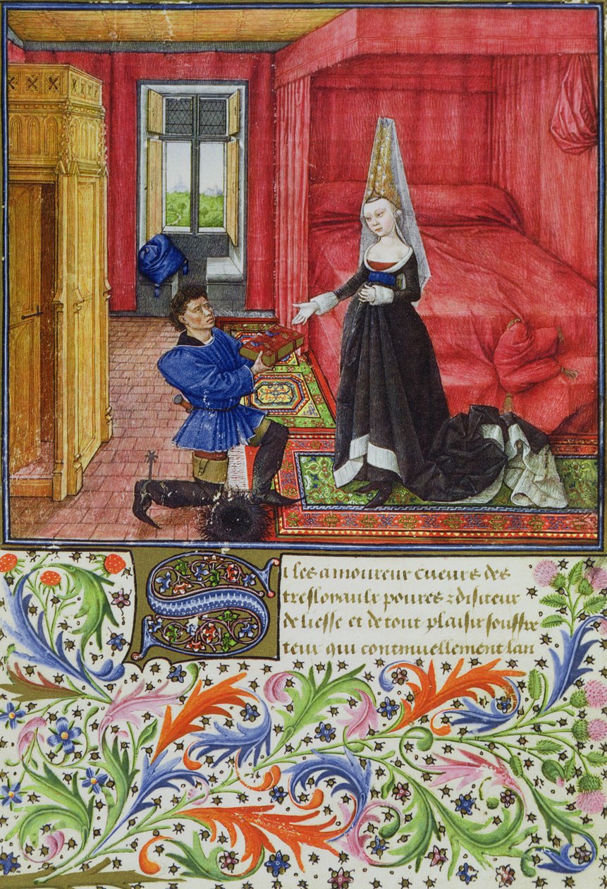 Ms 2617 Skriveren dedikerer La Teseida til en ukendt ung kvinde, fra La Teseida, af Giovanni Boccaccio (1313-75) 1340-41 af French School