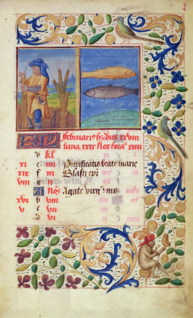 Ms 2697 Kalender for februar måned, fra Heures de Notre Dame af French School