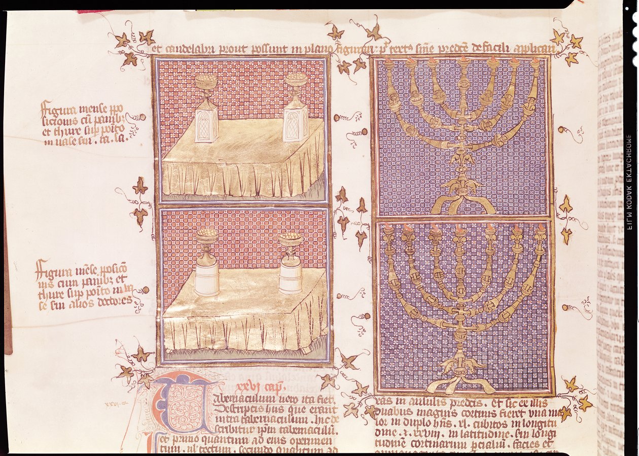 Ms 290 Tome 1 f.89v Offertabel og menoraen, fra Postilles sur la Bible af Nicolas de Lyre af French School