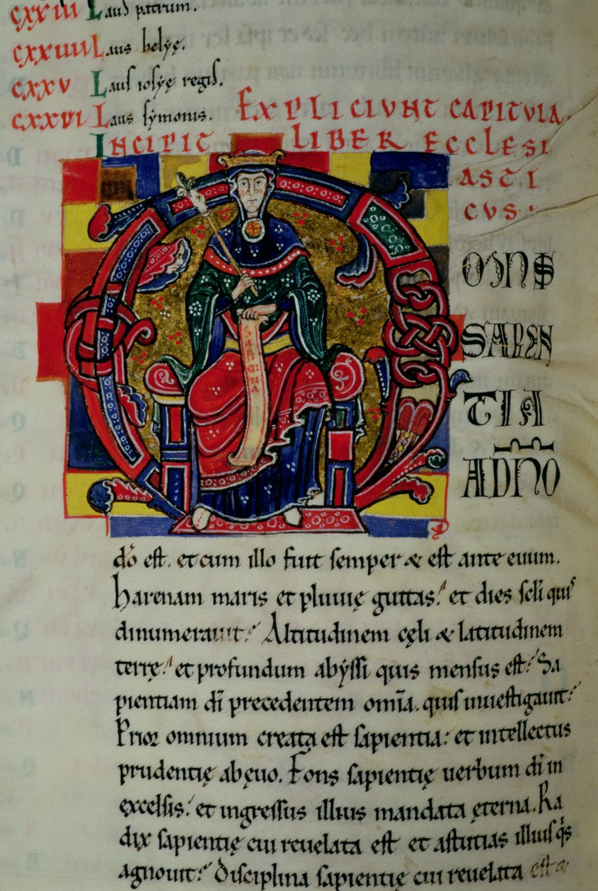Ms 2 fol.8 Historikert initial O, der viser en visdomsfigur, fra St. Benigne Bible af French School